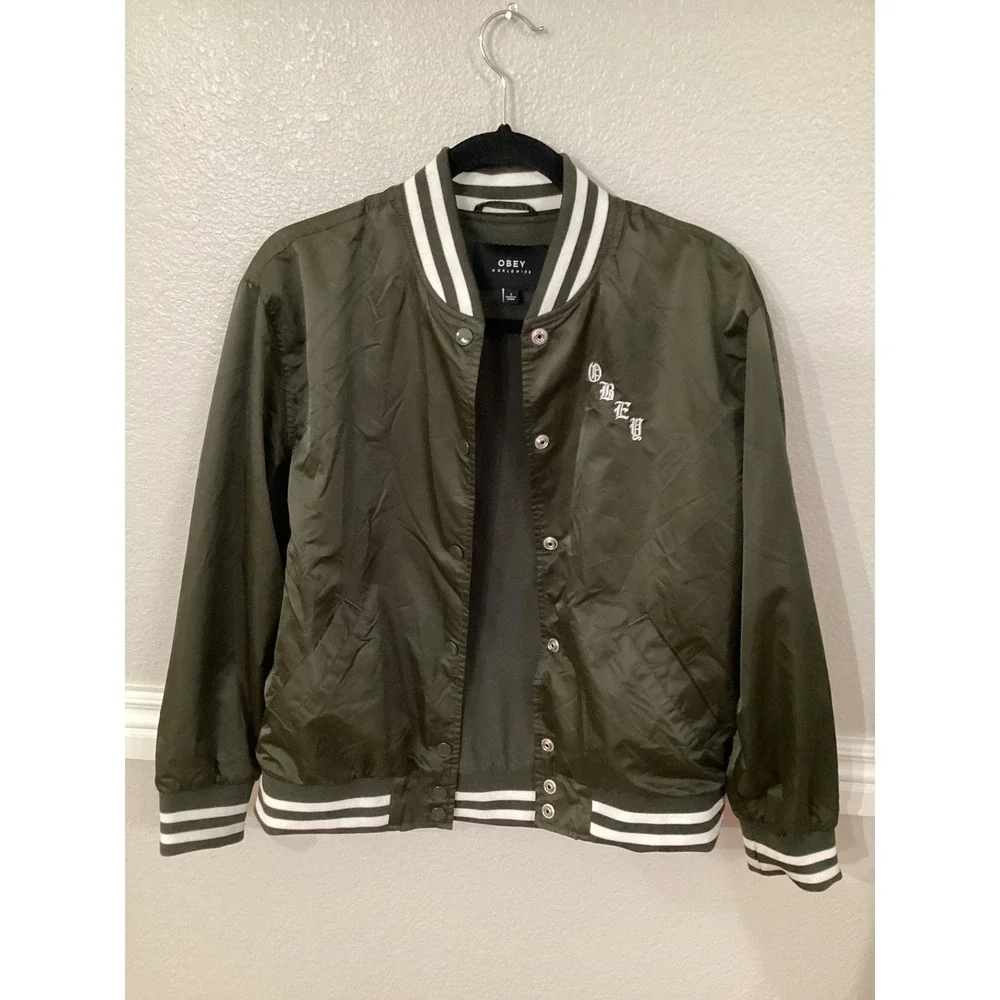 Obey Worldwide Olive Green Bomber Jacket Embroidered Cities‎ Roses Womens Small